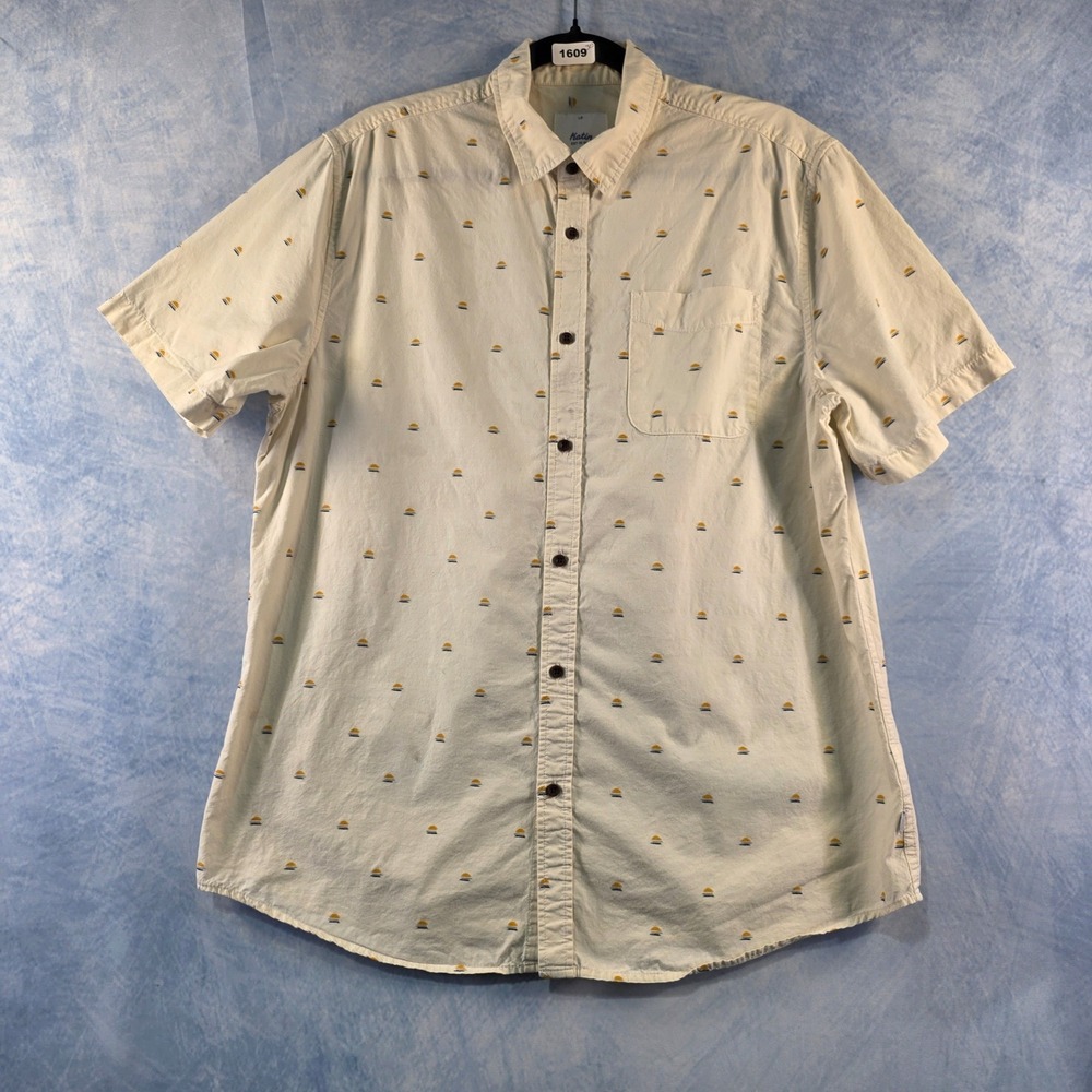 Katin Mens Large Short Sleeve Button Down Shirt Cream Sun Embroidered Pocket